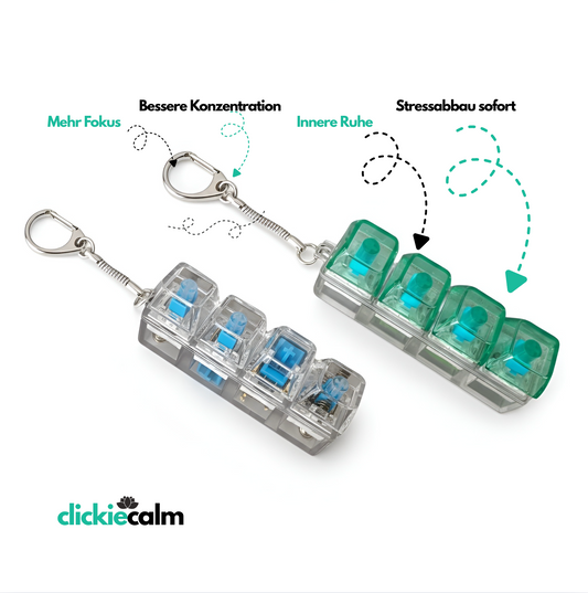 Clickie Calm hilft, innere Unruhe zu reduzieren und länger fokussiert zu bleiben – ideal für Schule, Arbeit oder unterwegs.
